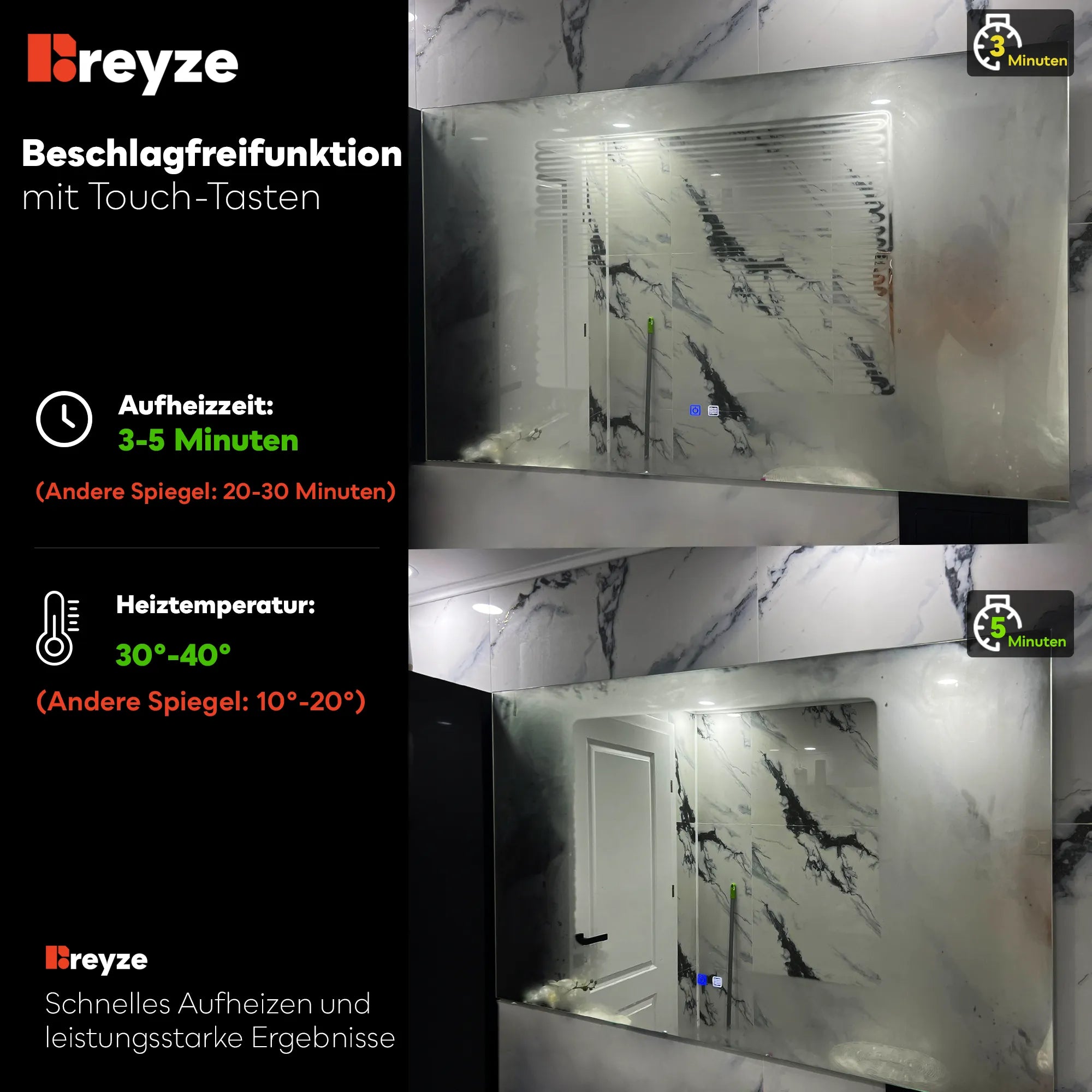 LED Spiegel Rechteckig | Touch-Schalter | Anti-Beschlag-Funktion | Neutralweißes Licht - Reyze Seria Official Model 5