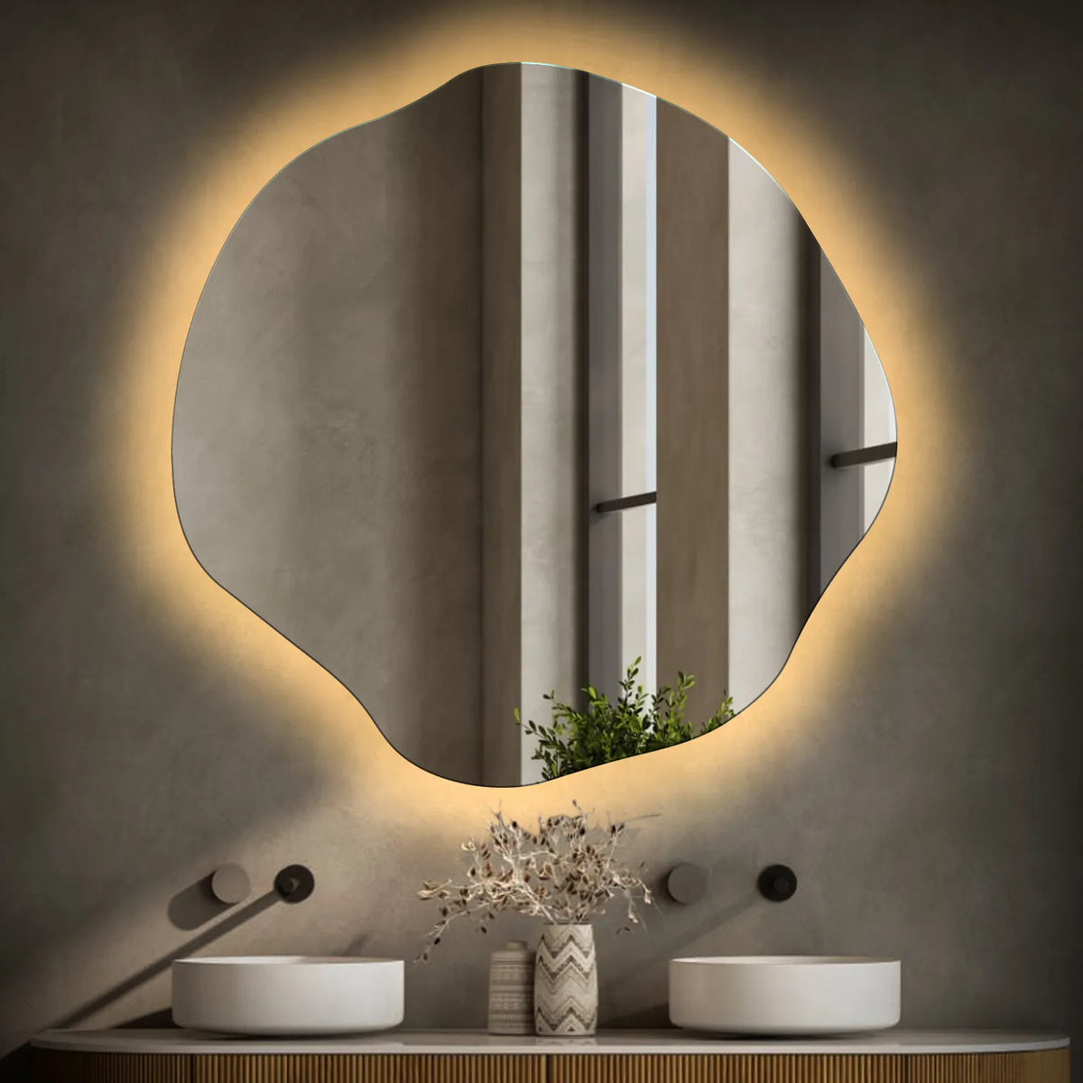 LED Spiegel Asymmetrisch Oval | Wandschalter-Steuerung | Warmweißes Licht - Reyze Seria Ambient Model 1