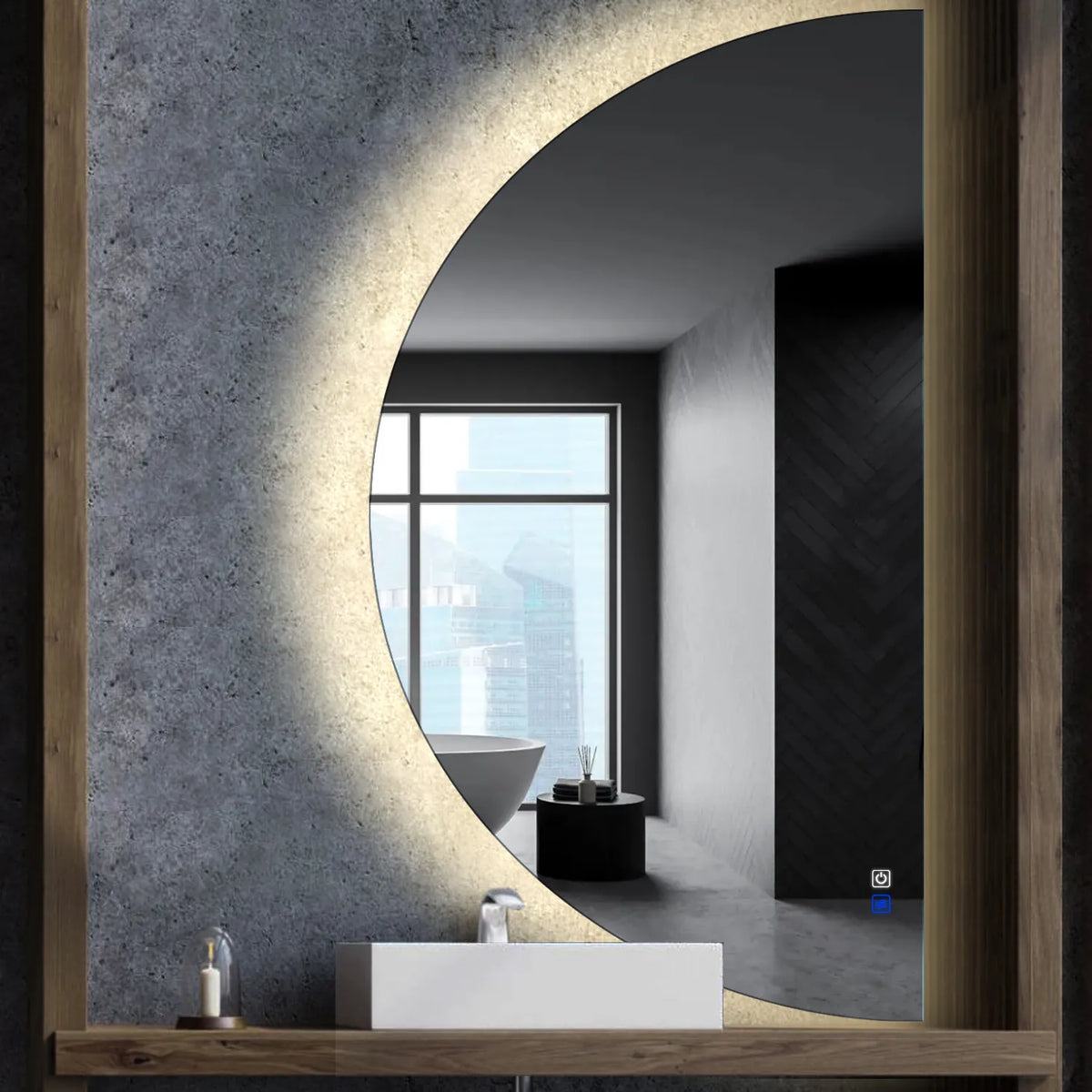 LED Spiegel Halbmond | Touch-Schalter | Anti-Beschlag-Funktion | Neutralweißes Licht - Reyze Seria Ambient Model 1 - Rechte Seite