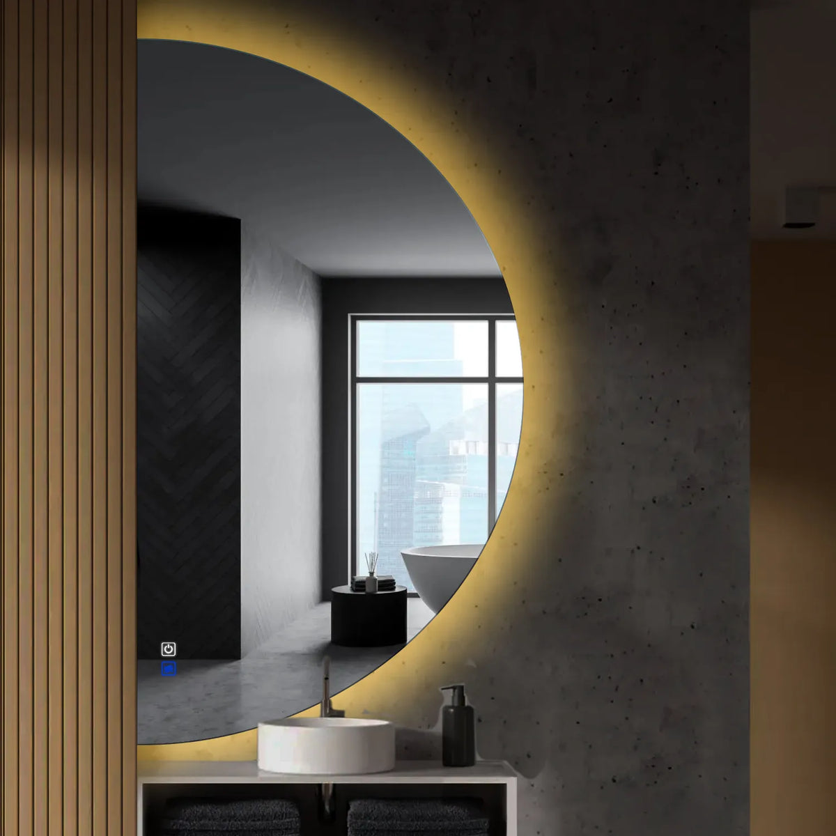 LED Spiegel Halbmond | Touch-Schalter | Anti-Beschlag-Funktion | Warmweißes Licht - Reyze Seria Ambient Model 1 - Linke Seite